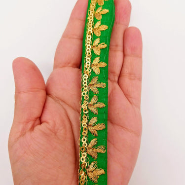 Green Art Silk Trim with Gold Floral Embroidery and Gold Sequins Indian Sari Border Trim By 3 Yards Decorative Trim Craft Lace
